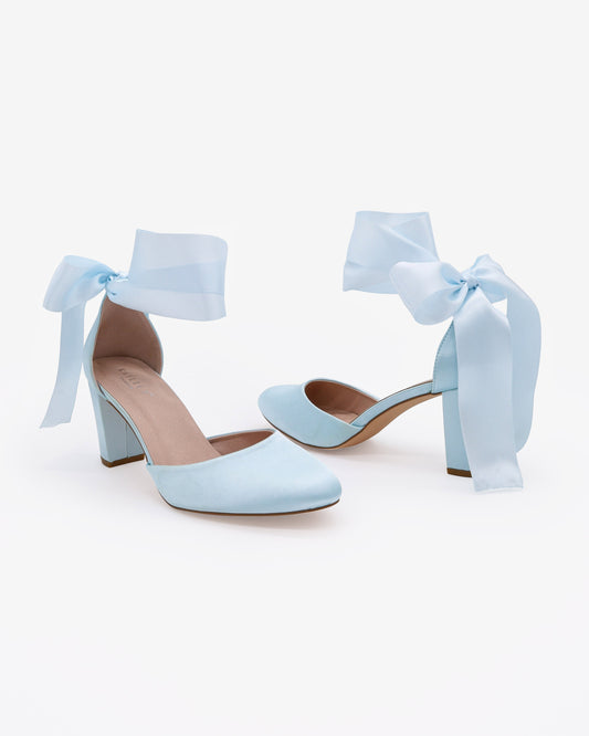 Satin Wedding Block Heel with Wrapped Satin Tie