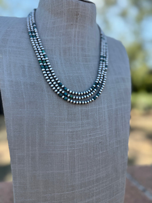 Handcrafted Hubei Turquoise & Sterling Silver Pearl 4mm Beaded Necklace 20"