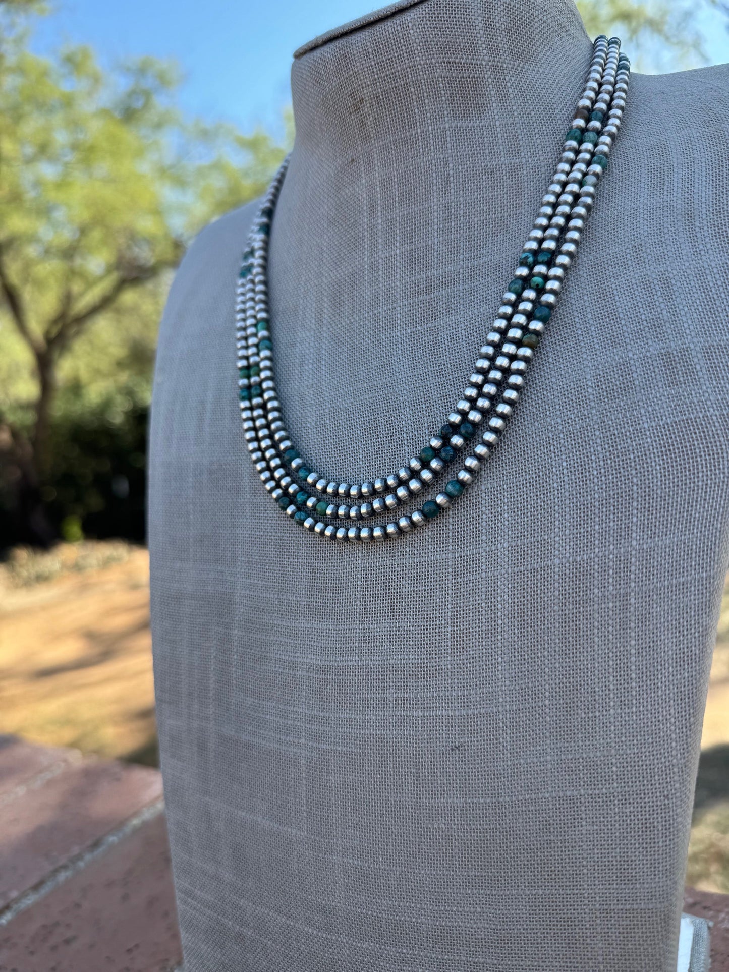 Handcrafted Hubei Turquoise & Sterling Silver Pearl 4mm Beaded Necklace 20"
