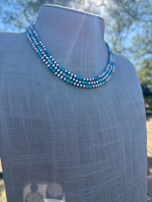 Handcrafted Turquoise & Sterling Silver Pearl 4mm Beaded Necklace 16"