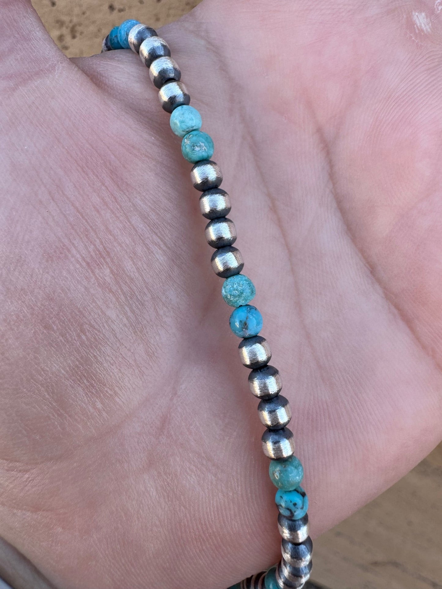 Handcrafted Turquoise & Sterling Silver Pearl 4mm Beaded Necklace 16"
