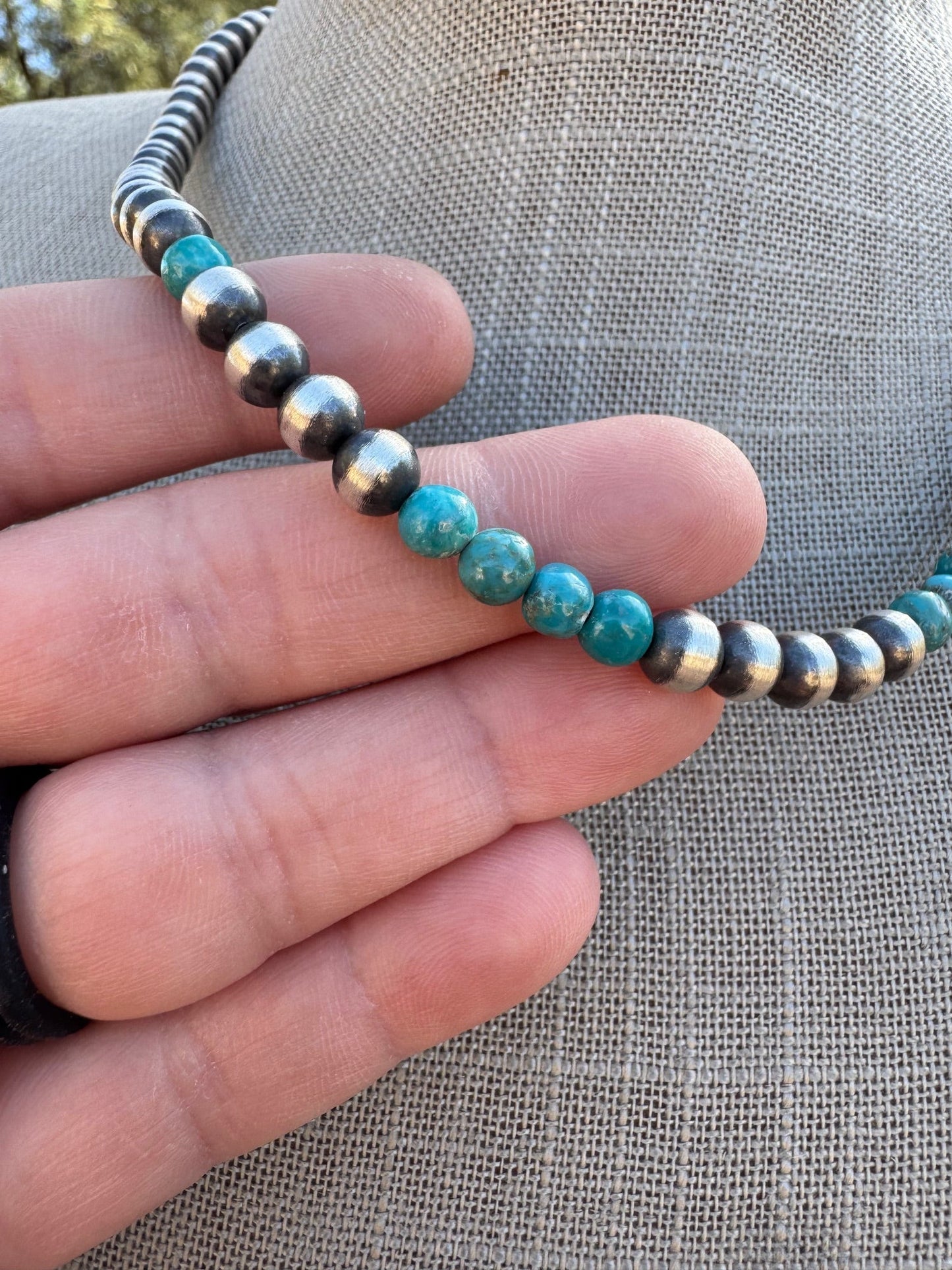 Handcrafted Kingman Turquoise & Sterling Silver Pearl 6mm Beaded Necklace 18"
