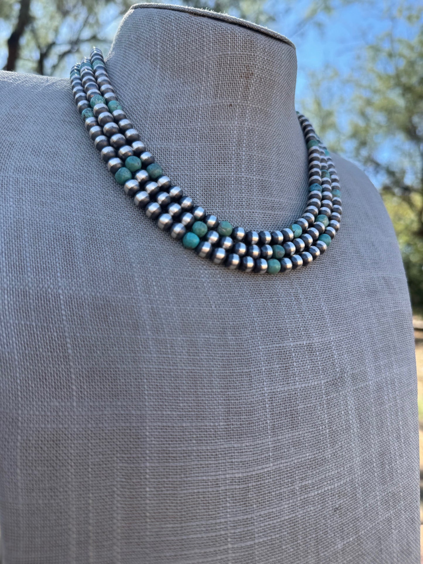 Handcrafted Kingman Turquoise & Sterling Silver Pearl 6mm Beaded Necklace 18"