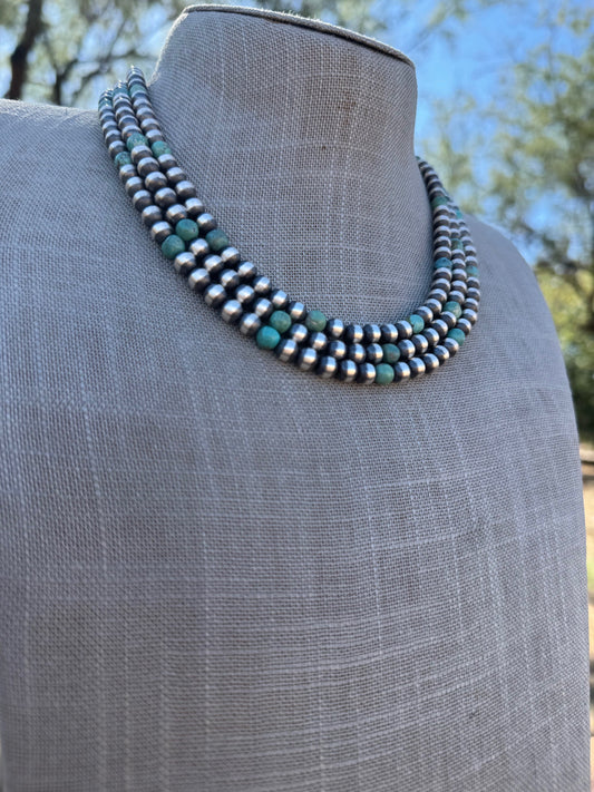 Handcrafted Kingman Turquoise & Sterling Silver Pearl 6mm Beaded Necklace 18"