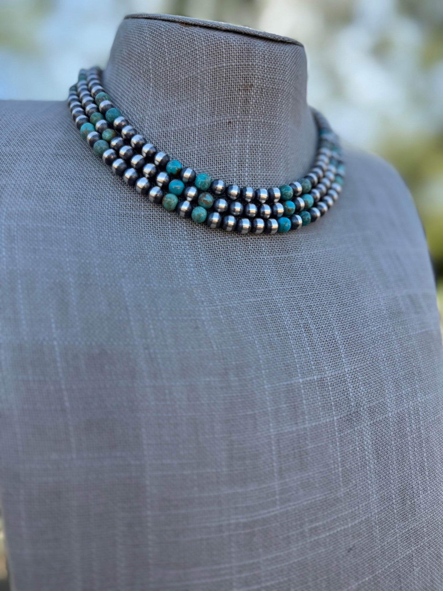 Handcrafted Kingman Turquoise & Sterling Silver Pearl 6mm Beaded Necklace 16"