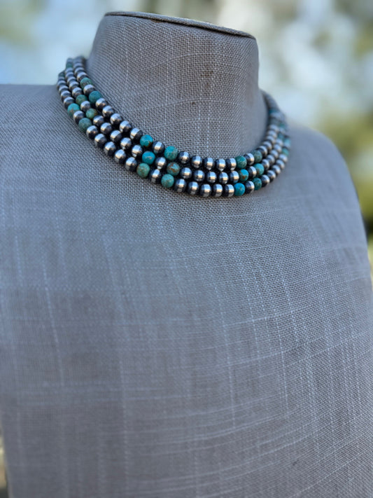 Handcrafted Kingman Turquoise & Sterling Silver Pearl 6mm Beaded Necklace 16"