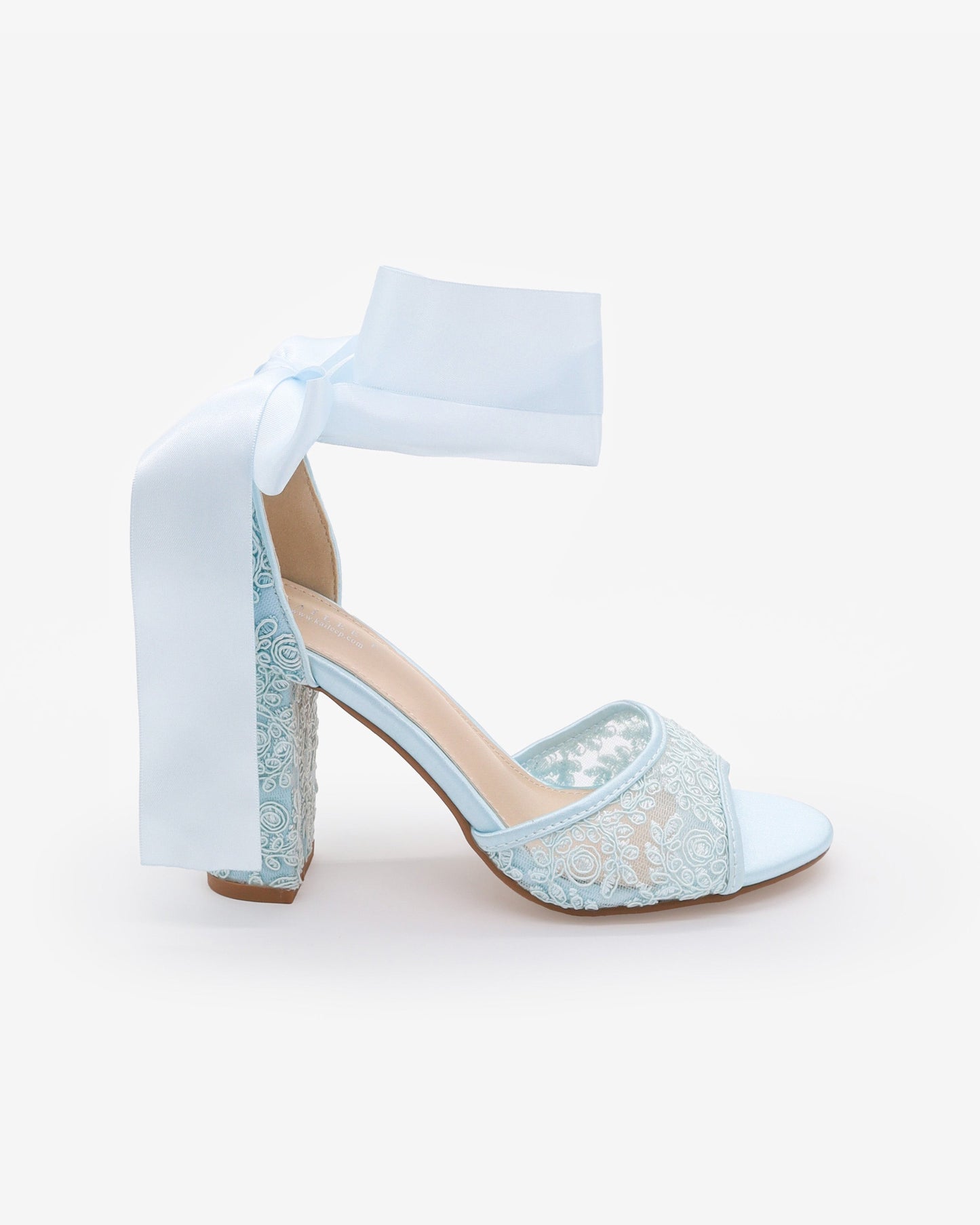 Crochet Lace Block Heel Sandals with Wrapped Ribbon Tie