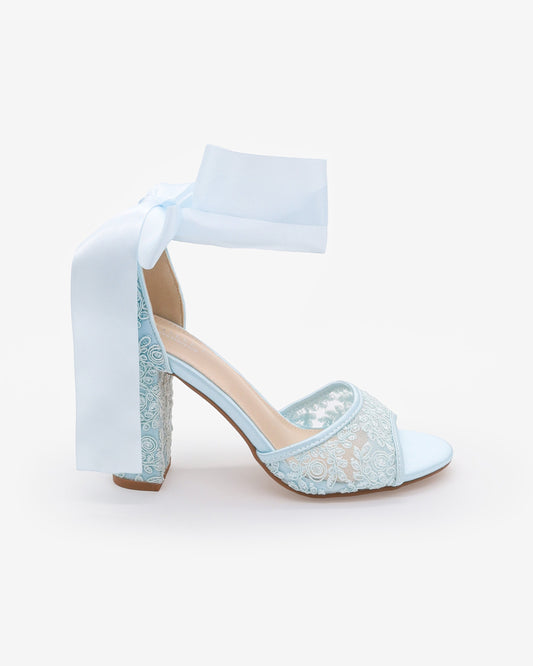 Crochet Lace Block Heel Sandals with Wrapped Ribbon Tie