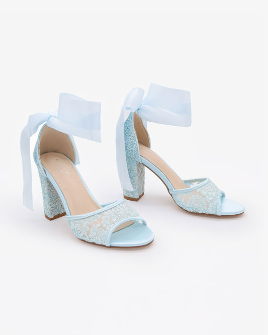 Crochet Lace Block Heel Sandals with Wrapped Ribbon Tie