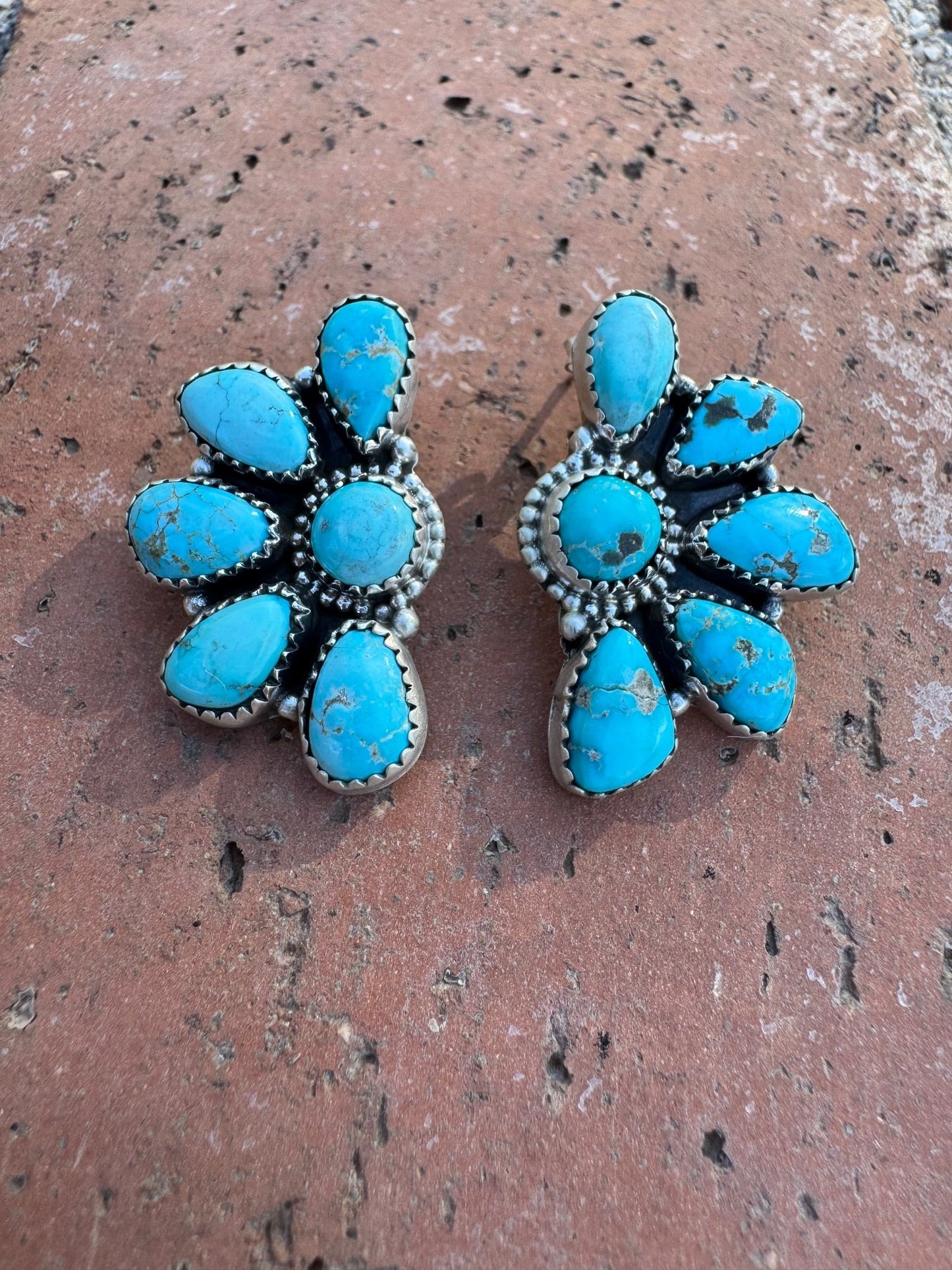 Handmade Sterling Silver Blue Bird Turquoise Crescent Post Earrings with Signed Nizhoni