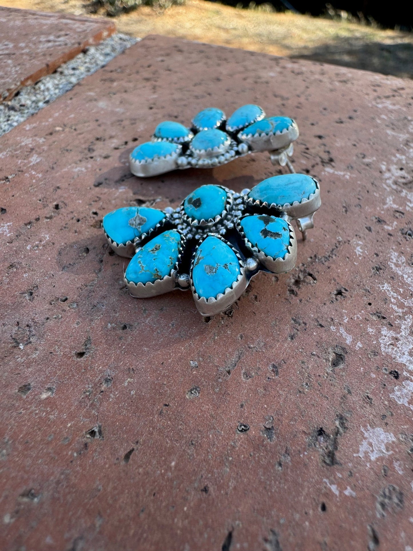 Handmade Sterling Silver Blue Bird Turquoise Crescent Post Earrings with Signed Nizhoni
