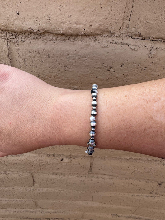 Handcrafted White Buffalo & Sterling Silver Pearl 3 & 5mm Beaded Bracelet 7.5"