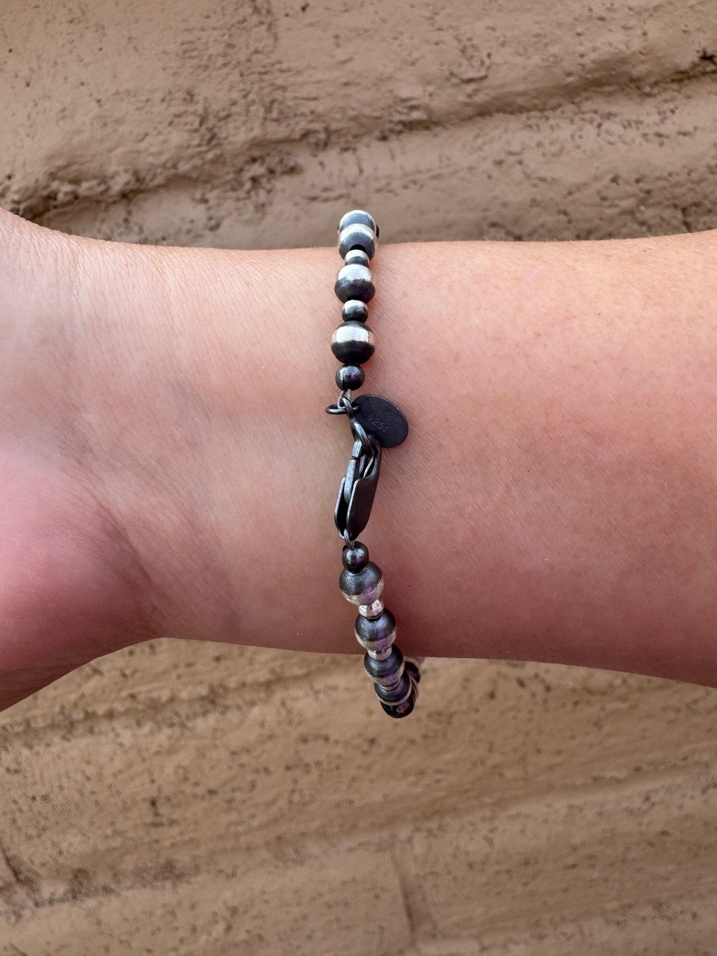 Handcrafted White Buffalo & Sterling Silver Pearl 3 & 5mm Beaded Bracelet 7.5"