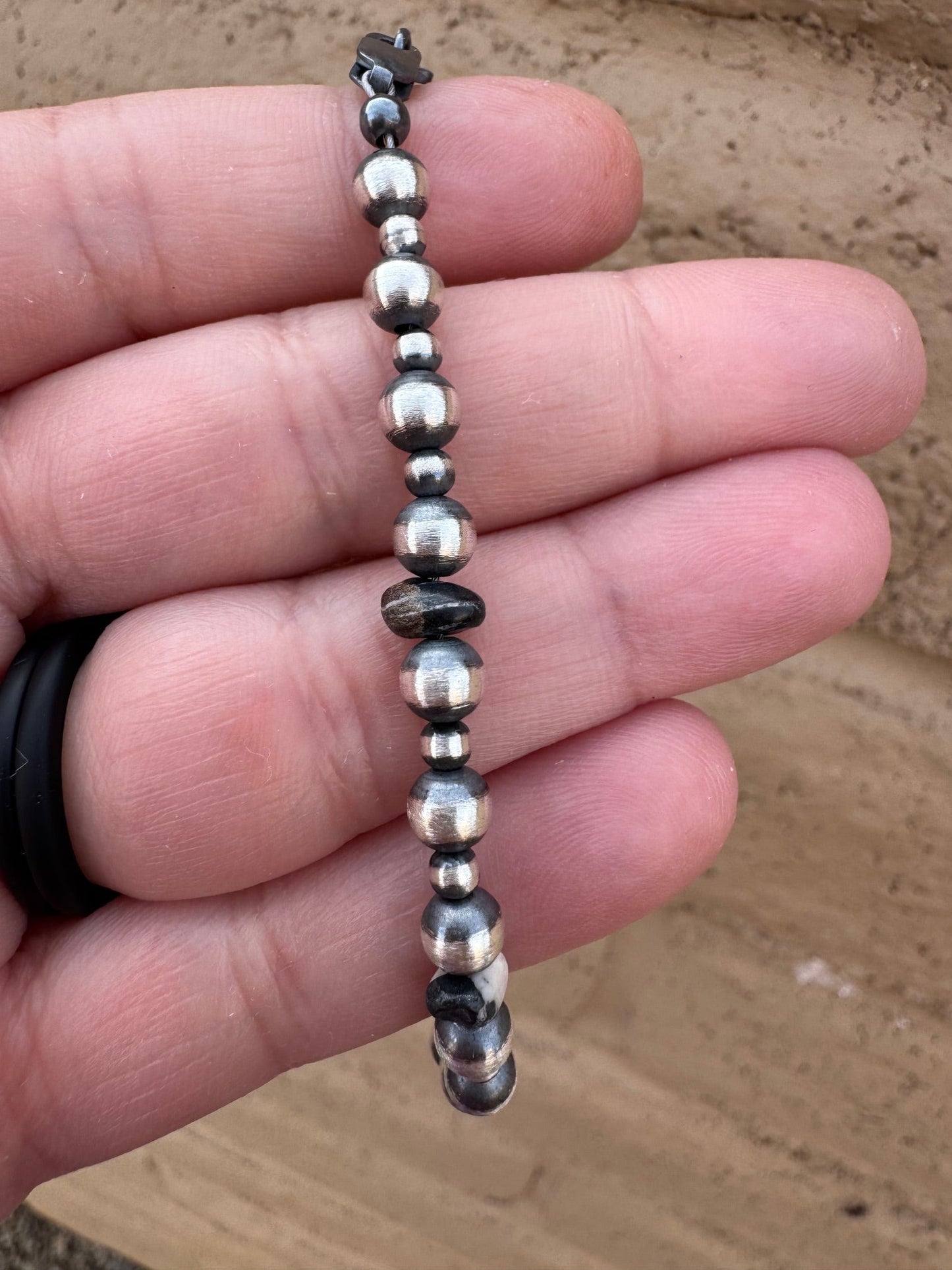 Handcrafted White Buffalo & Sterling Silver Pearl 3 & 5mm Beaded Bracelet 7.5"