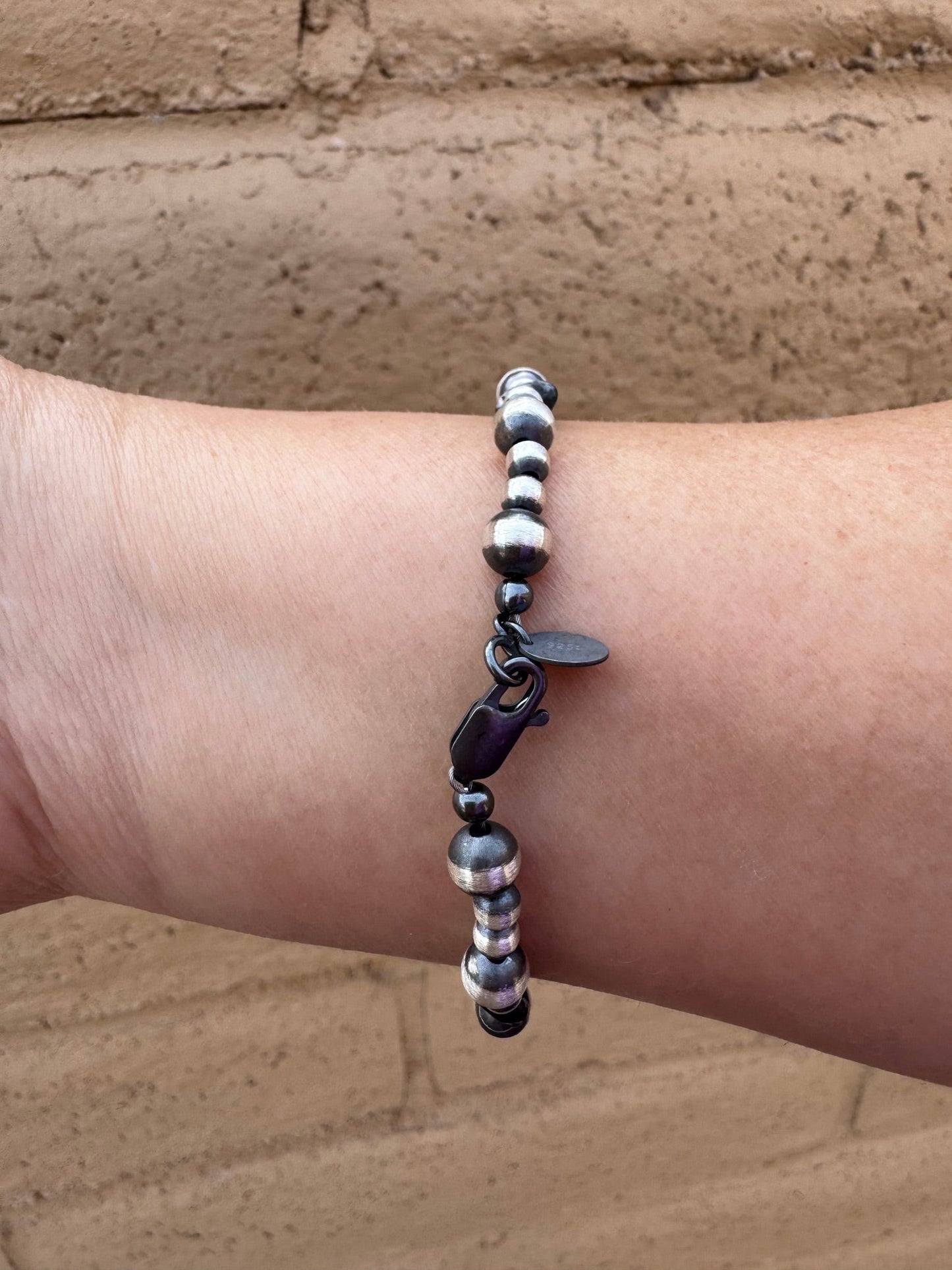 Handcrafted White Buffalo & Sterling Silver Pearl 4 & 6mm Beaded Bracelet 7.5"