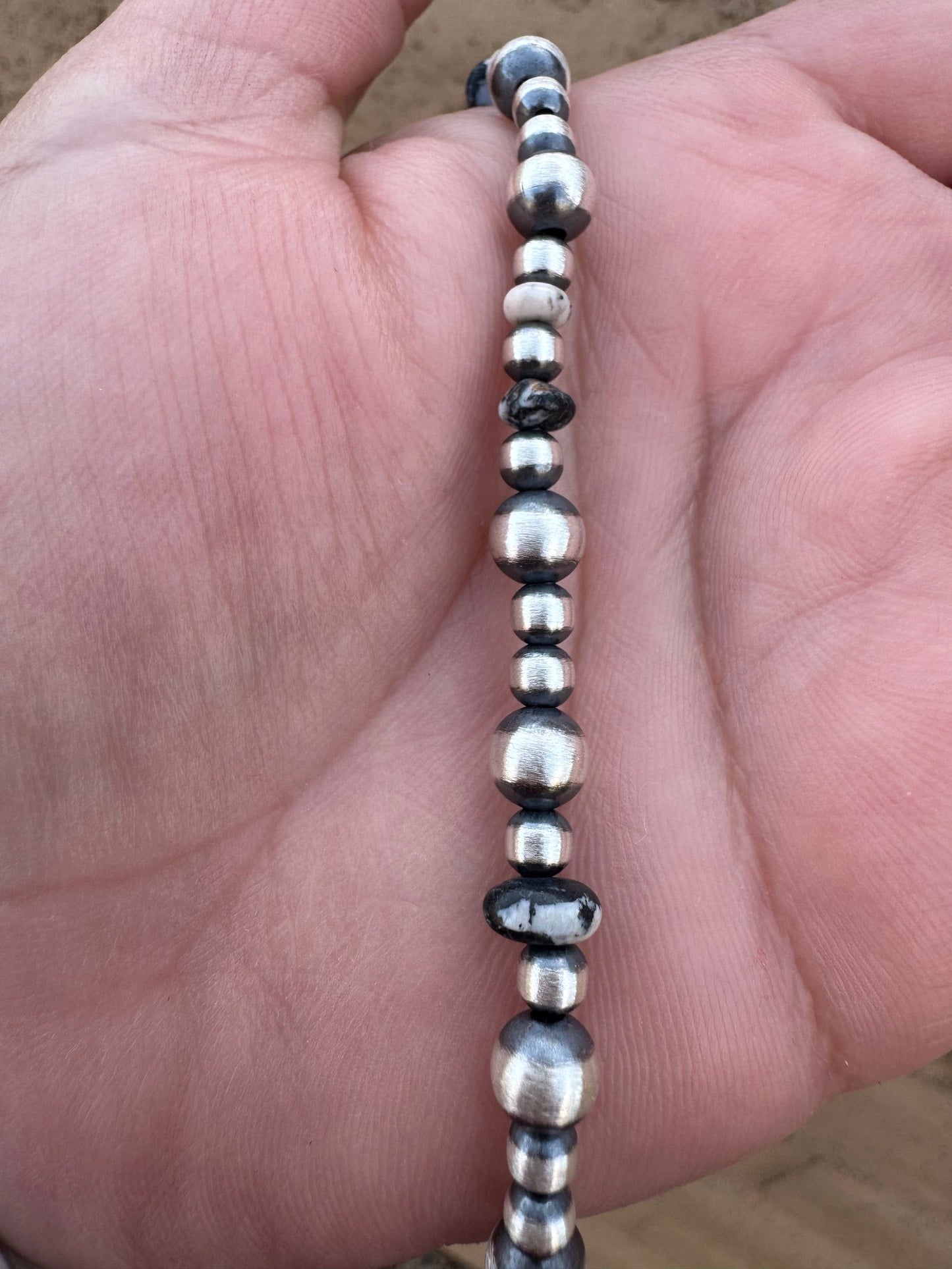 Handcrafted White Buffalo & Sterling Silver Pearl 4 & 6mm Beaded Bracelet 7.5"