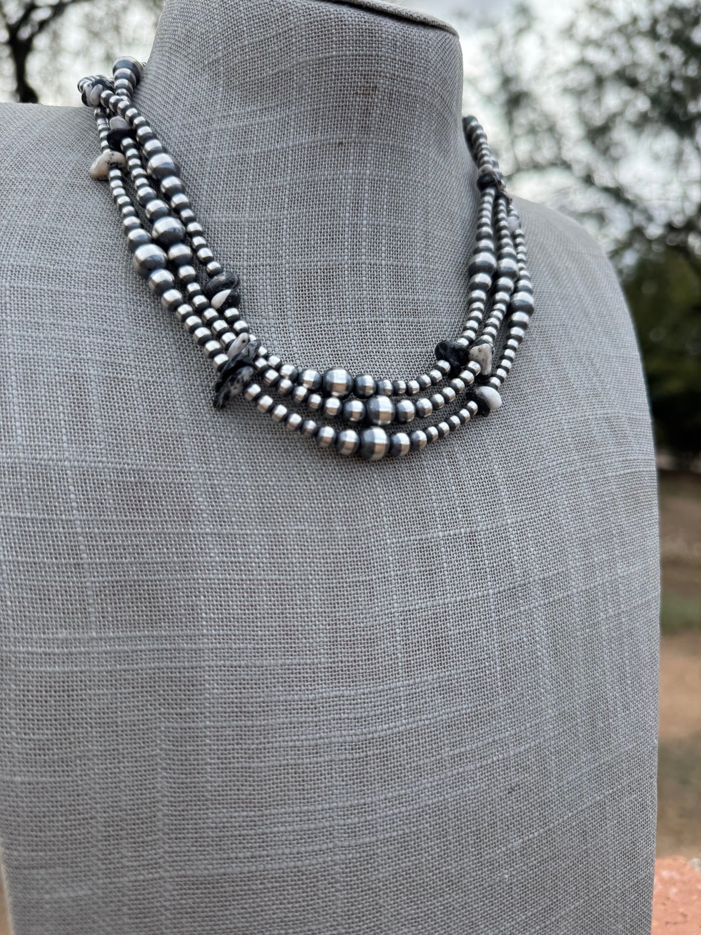 Handcrafted Sterling Silver & White Buffalo 3-8mm Beaded Necklace 18"