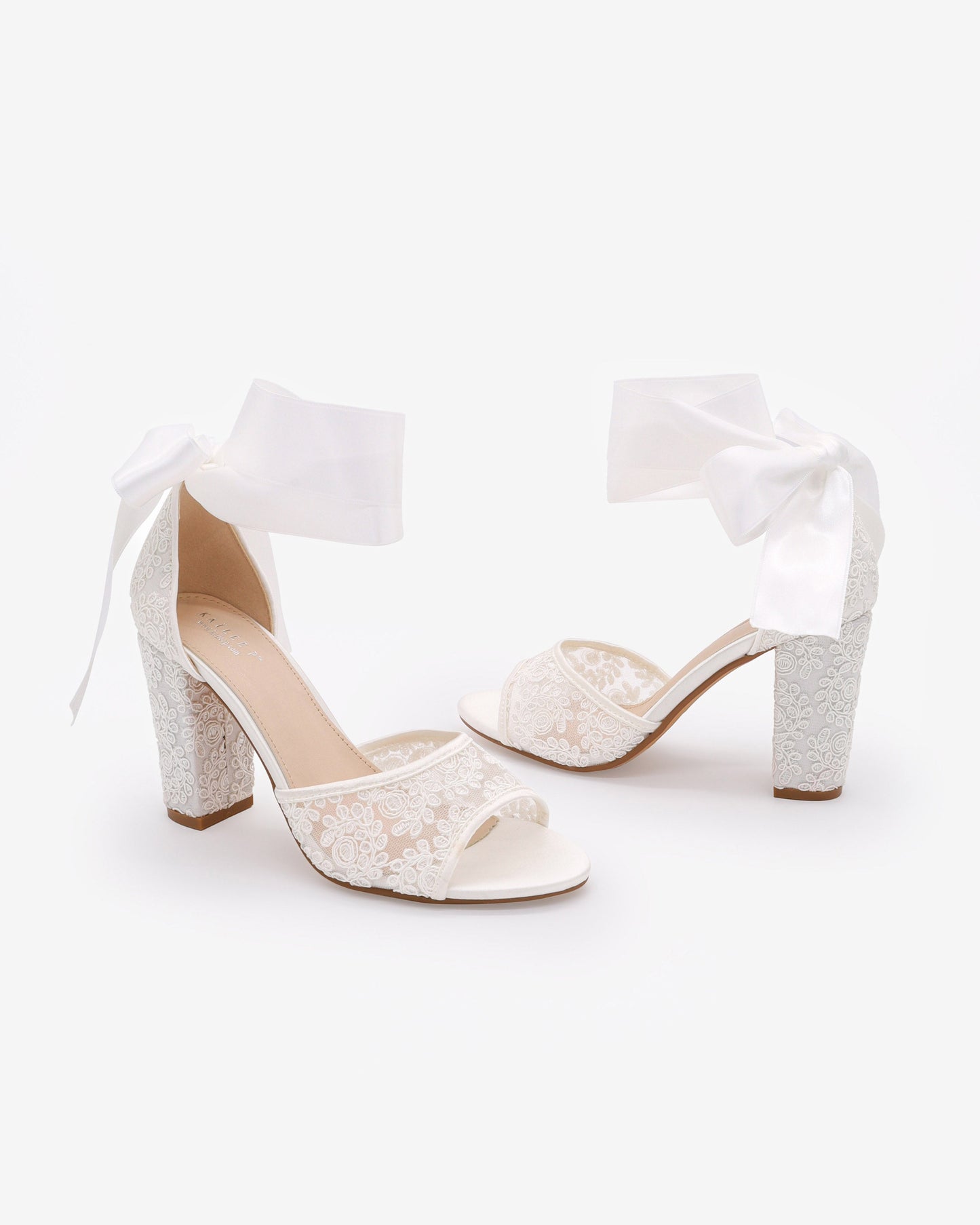 Crochet Lace Block Heel Sandals with Wrapped Ribbon Tie