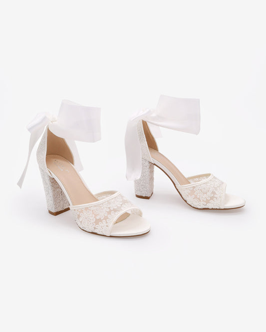 Crochet Lace Block Heel Sandals with Wrapped Ribbon Tie