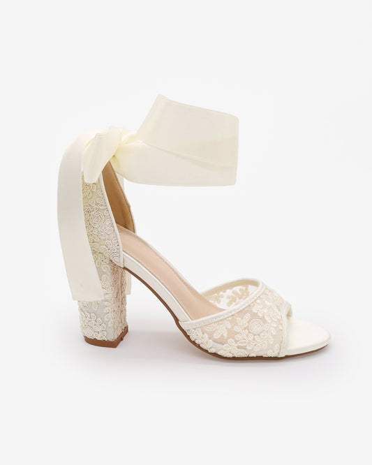 Crochet Lace Block Heel Sandals with Wrapped Ribbon Tie