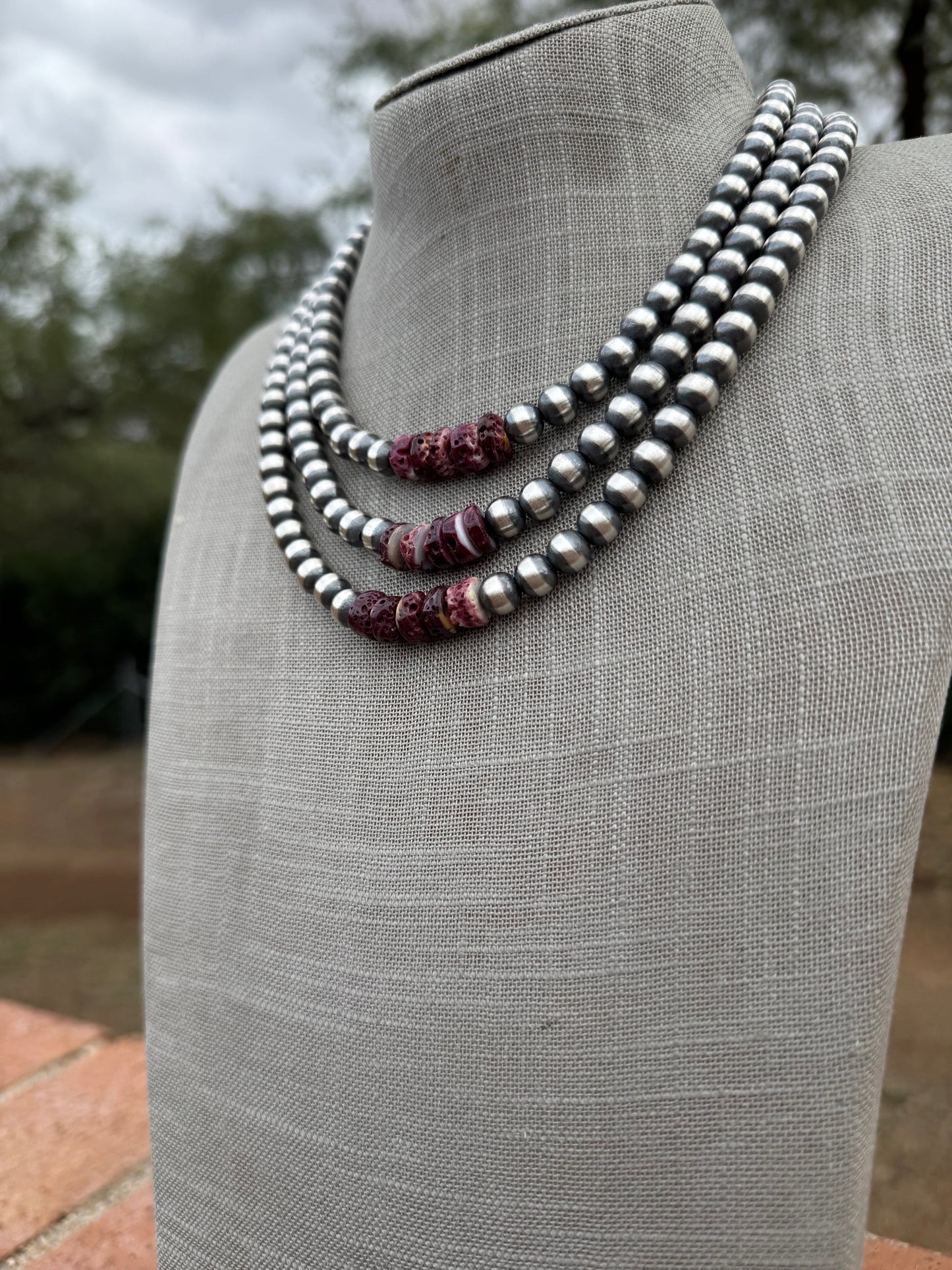 Handcrafted Sterling Silver Pearl & Purple Spiny 8mm Beaded Necklace