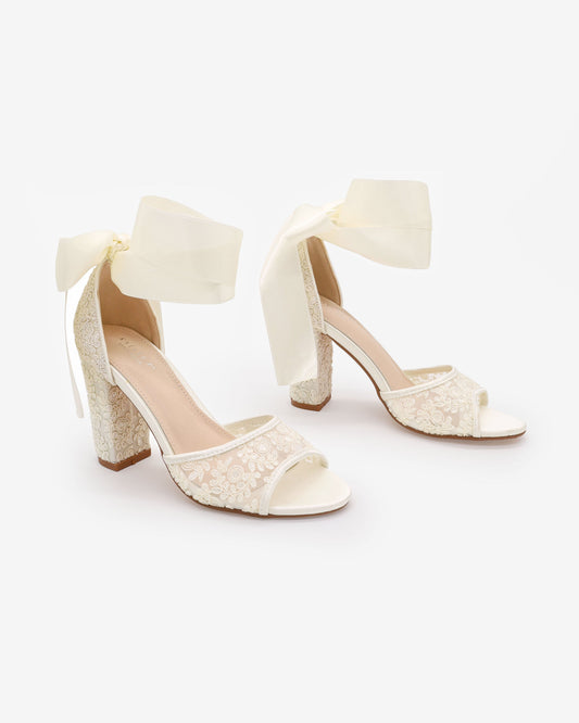 Crochet Lace Block Heel Sandals with Wrapped Ribbon Tie