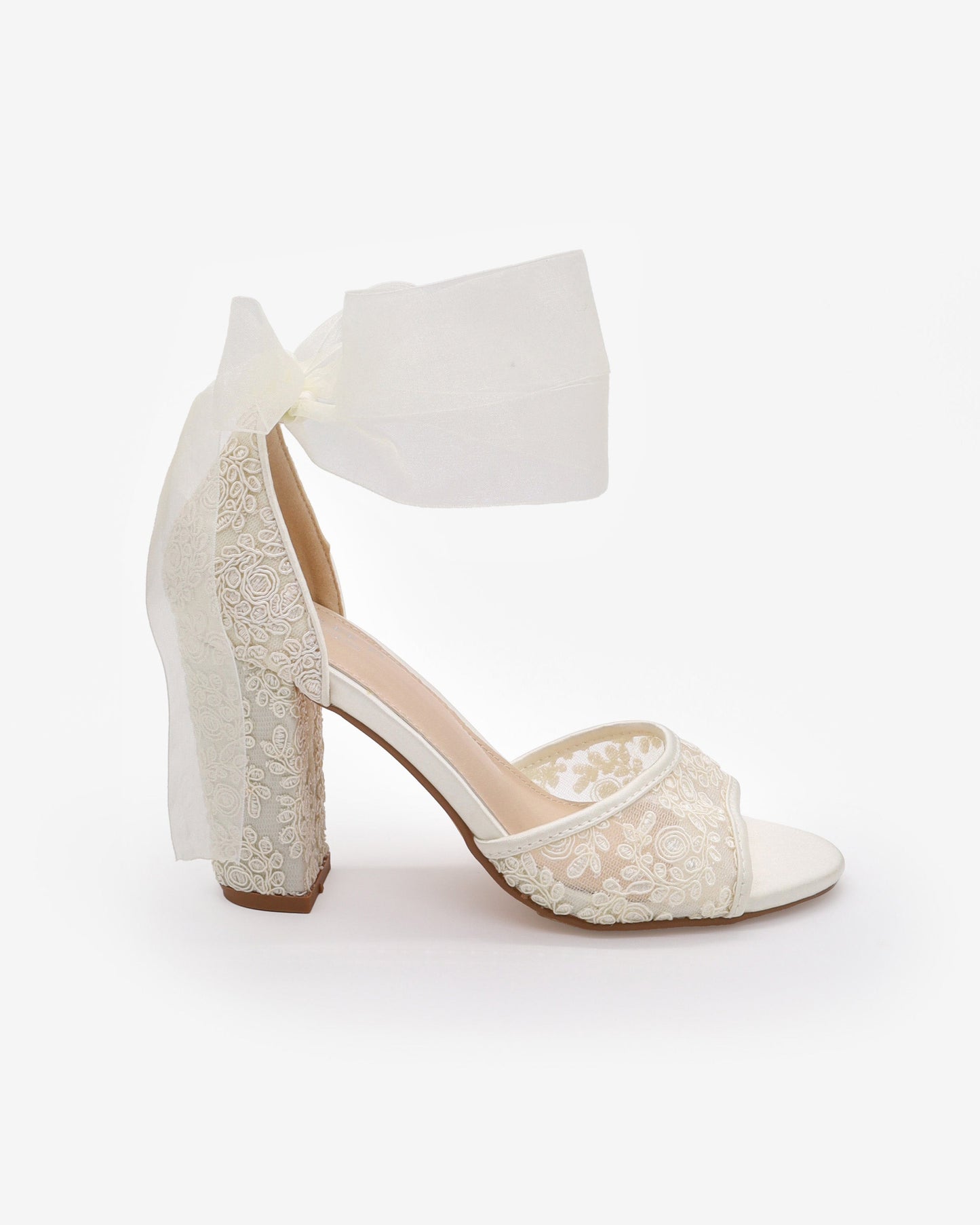 Crochet Lace Block Heel Sandals with Wrapped Ribbon Tie