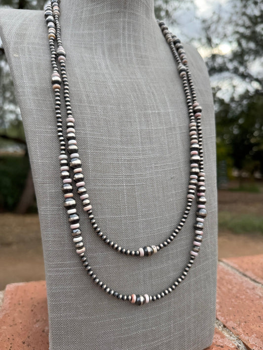 Handcrafted Pink Conch & Sterling Silver Pearl 4-8mm Beaded Necklace 60"