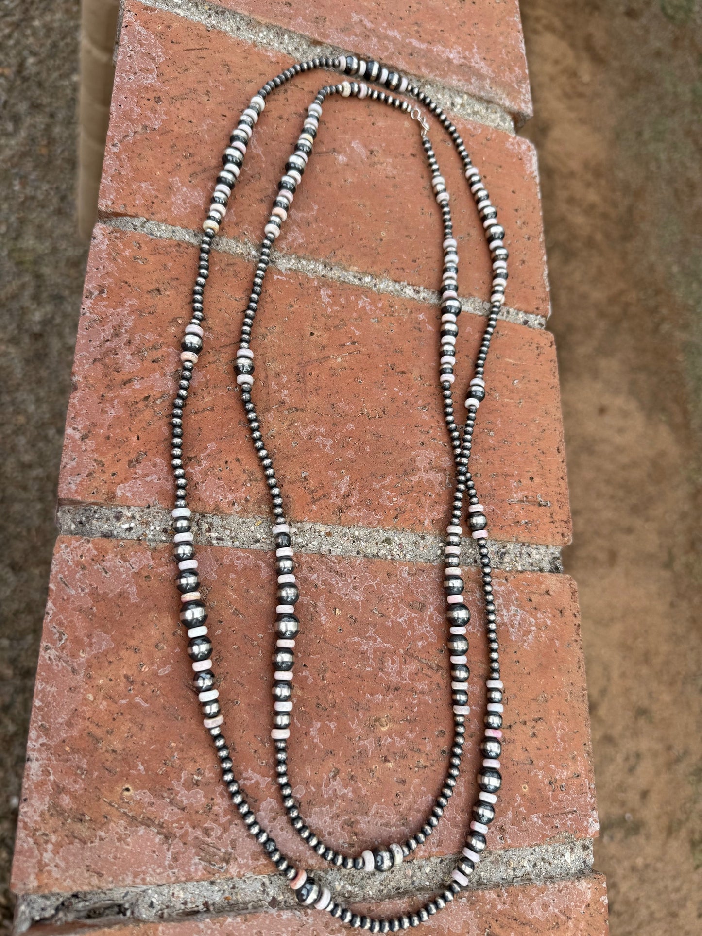 Handcrafted Pink Conch & Sterling Silver Pearl 4-8mm Beaded Necklace 60"