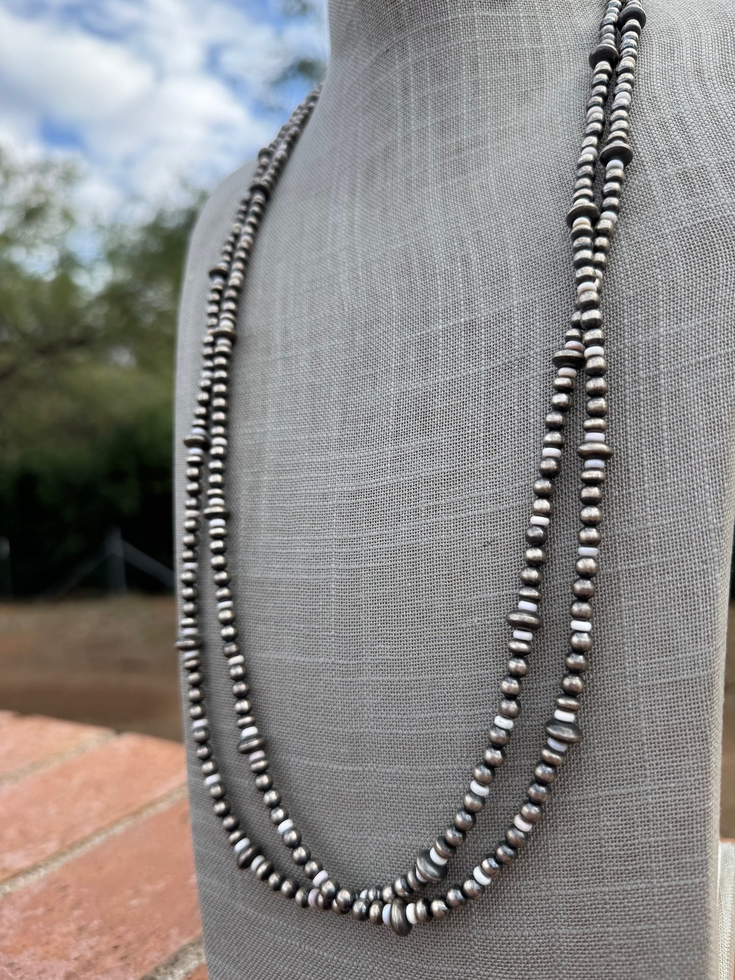 Handcrafted Pink Conch & Sterling Silver 4-8mm Beaded Necklace 60"