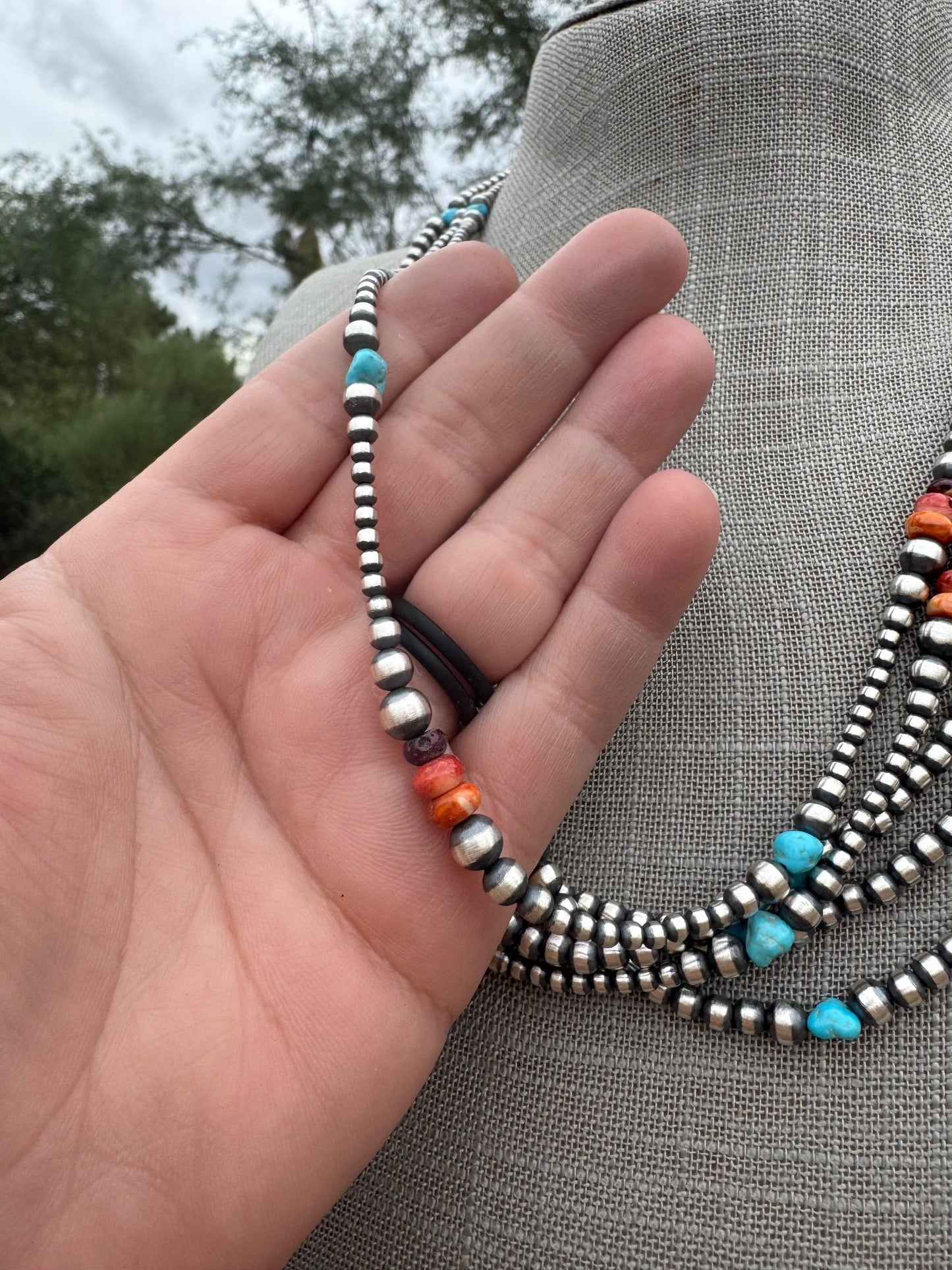 Handcrafted Multi Stone & Sterling Silver 3-6mm Beaded Necklace 22"