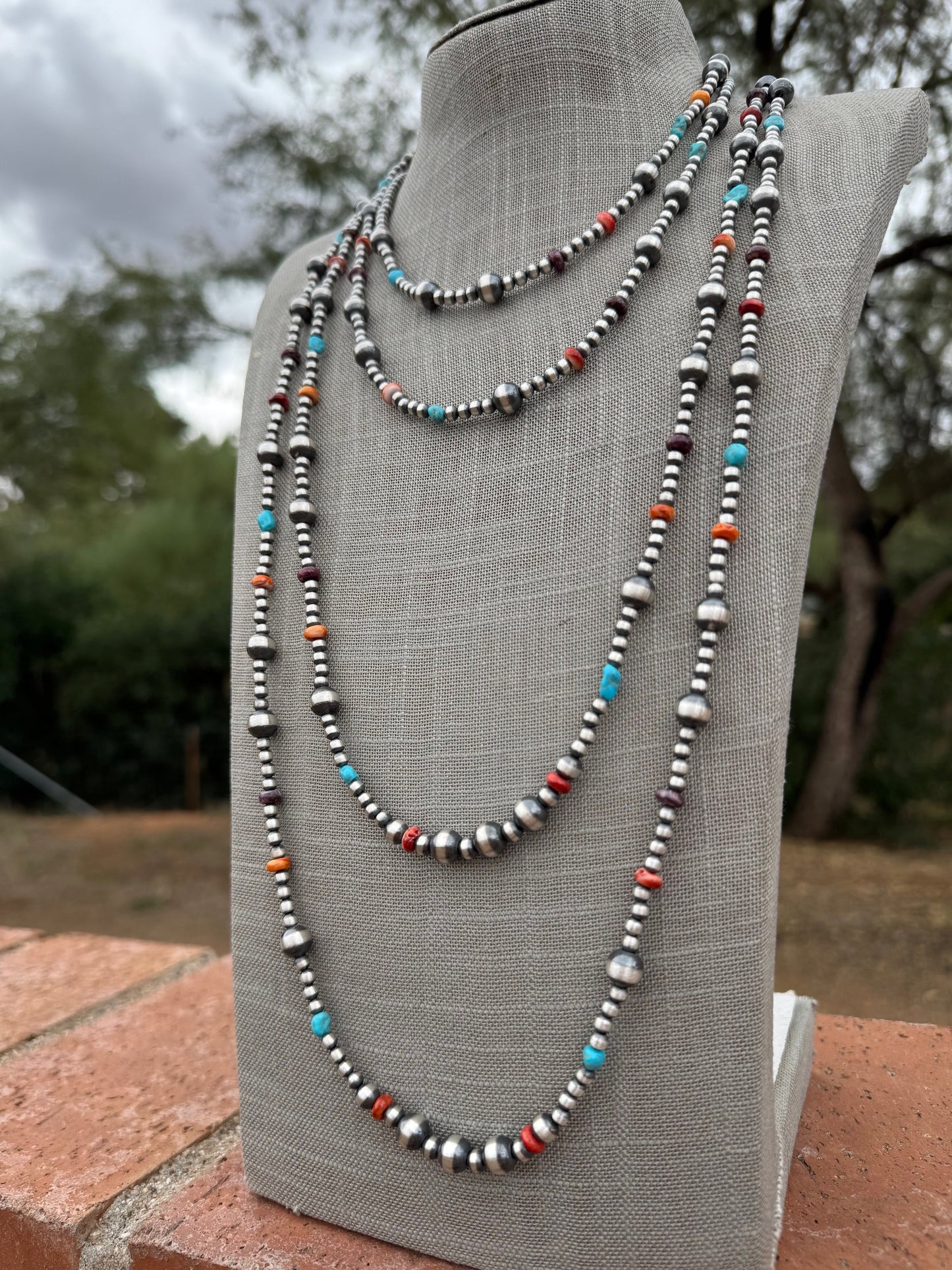 Handcrafted Multi Stone & Sterling Silver 4-8mm Beaded Necklace 36"