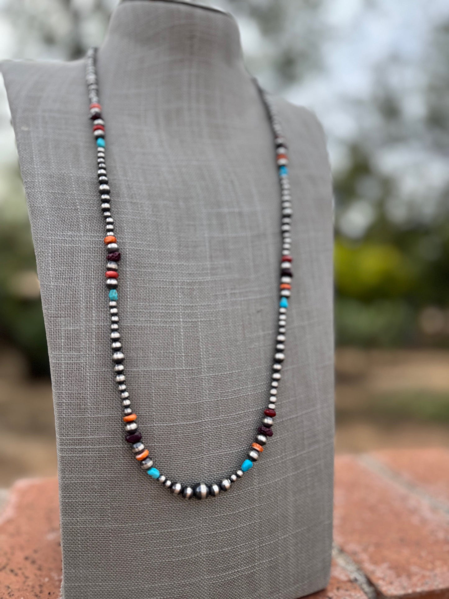 Handcrafted Multi Stone & Sterling Silver 4-8mm Beaded Necklace 30"