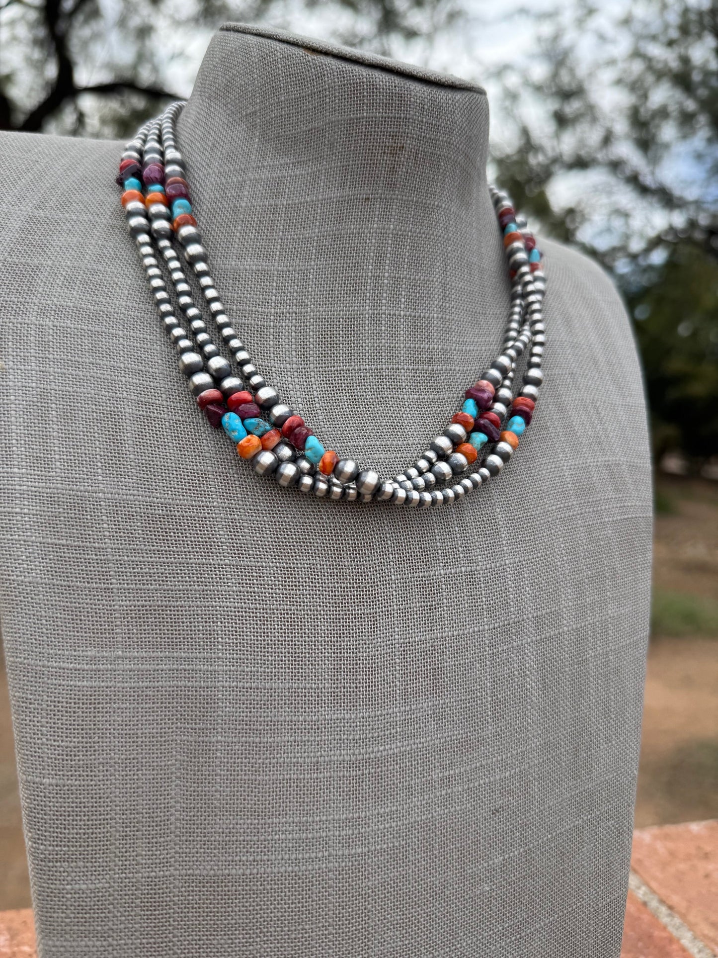 Handcrafted Multi Stone & Sterling Silver 4-6mm Beaded Necklace 18"