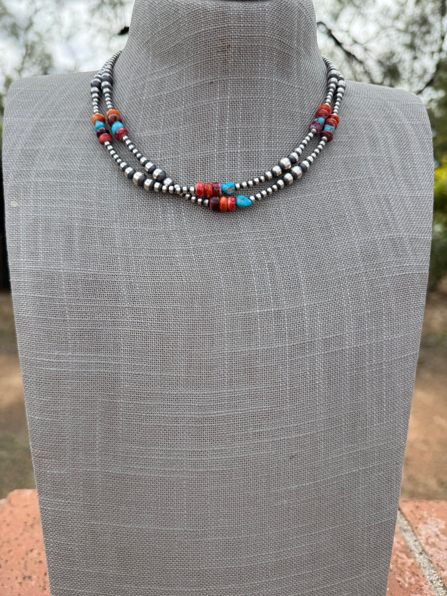 Handcrafted Multi Stone & Sterling Silver 3-6mm Beaded Necklace 16"