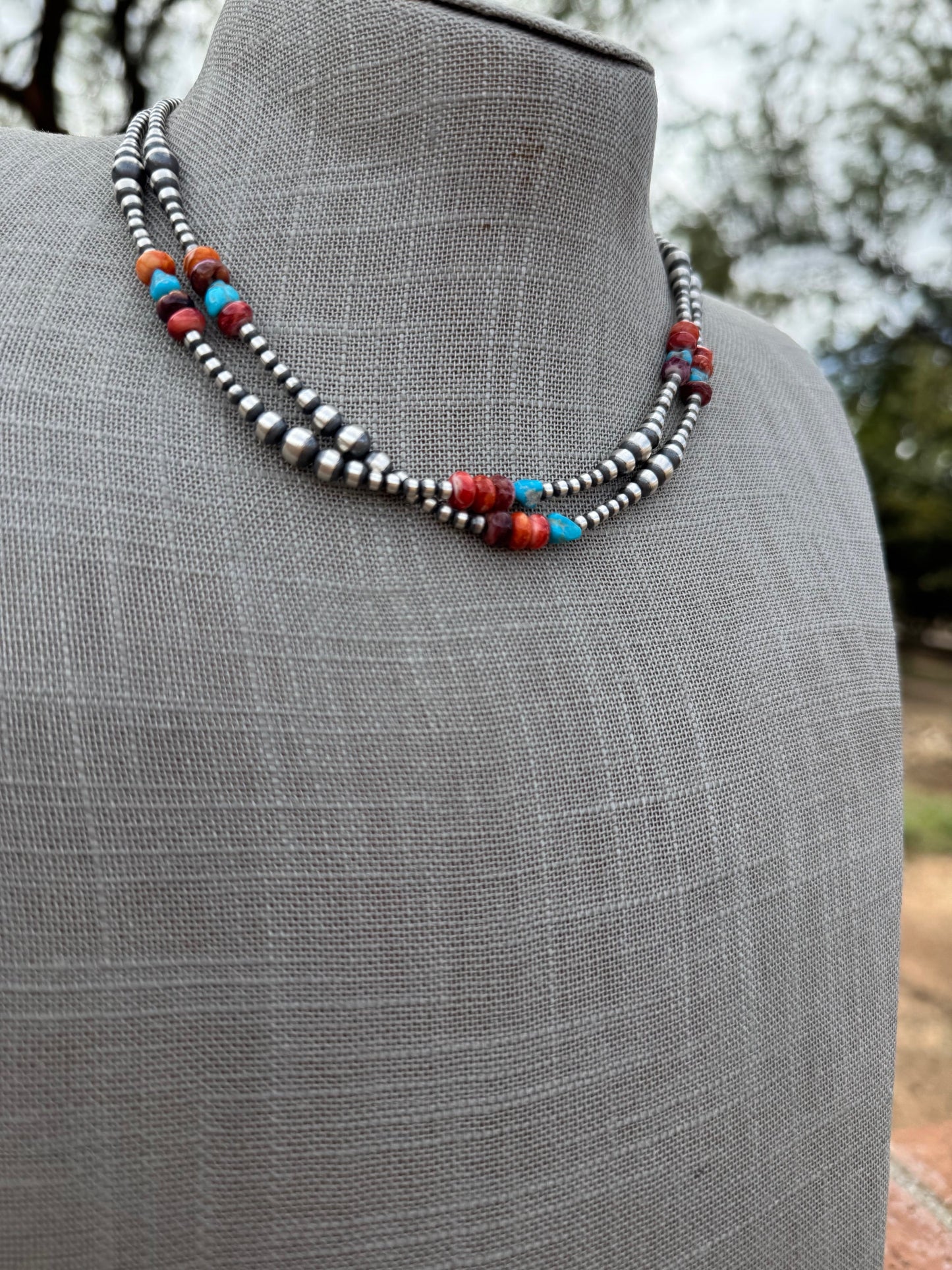 Handcrafted Multi Stone & Sterling Silver 3-6mm Beaded Necklace 16"