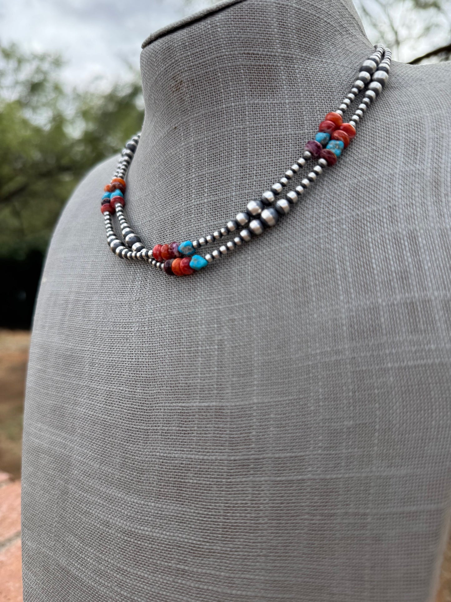 Handcrafted Multi Stone & Sterling Silver 3-6mm Beaded Necklace 16"