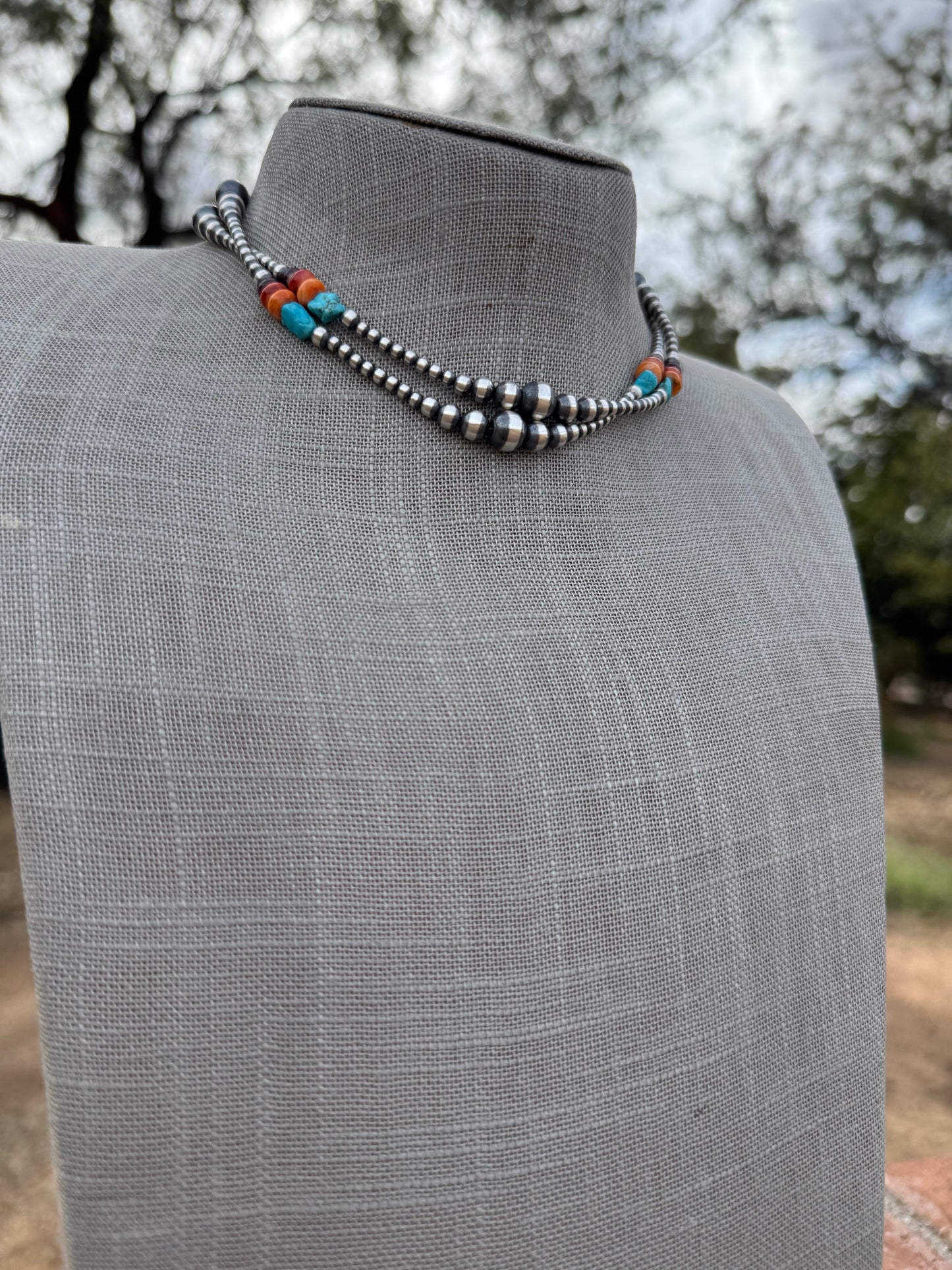 Handcrafted Multi Stone & Sterling Silver 3-8mm Beaded Necklace 14"
