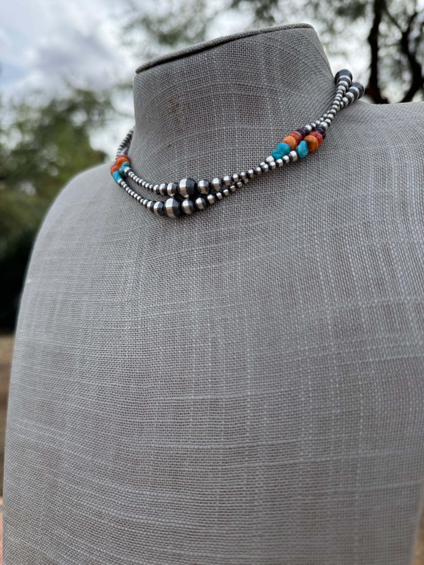 Handcrafted Multi Stone & Sterling Silver 3-8mm Beaded Necklace 14"