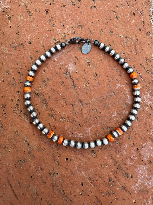 Handcrafted Orange Spiny & Sterling Silver 4mm Beaded Bracelet 7.5"