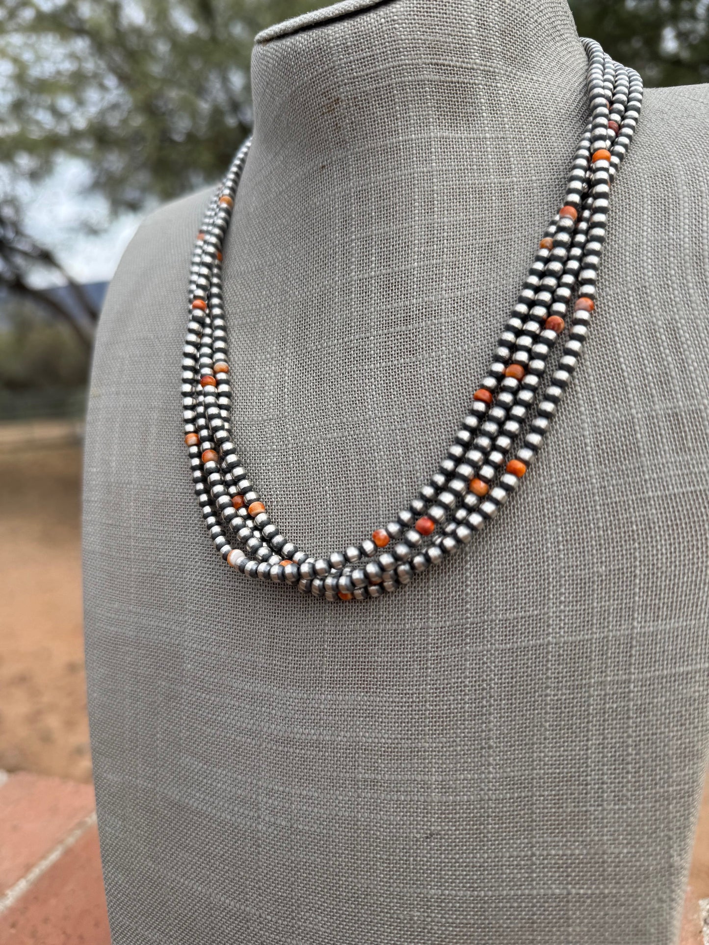 Handcrafted Orange Spiny & Sterling Silver 4mm Beaded Necklace 20"
