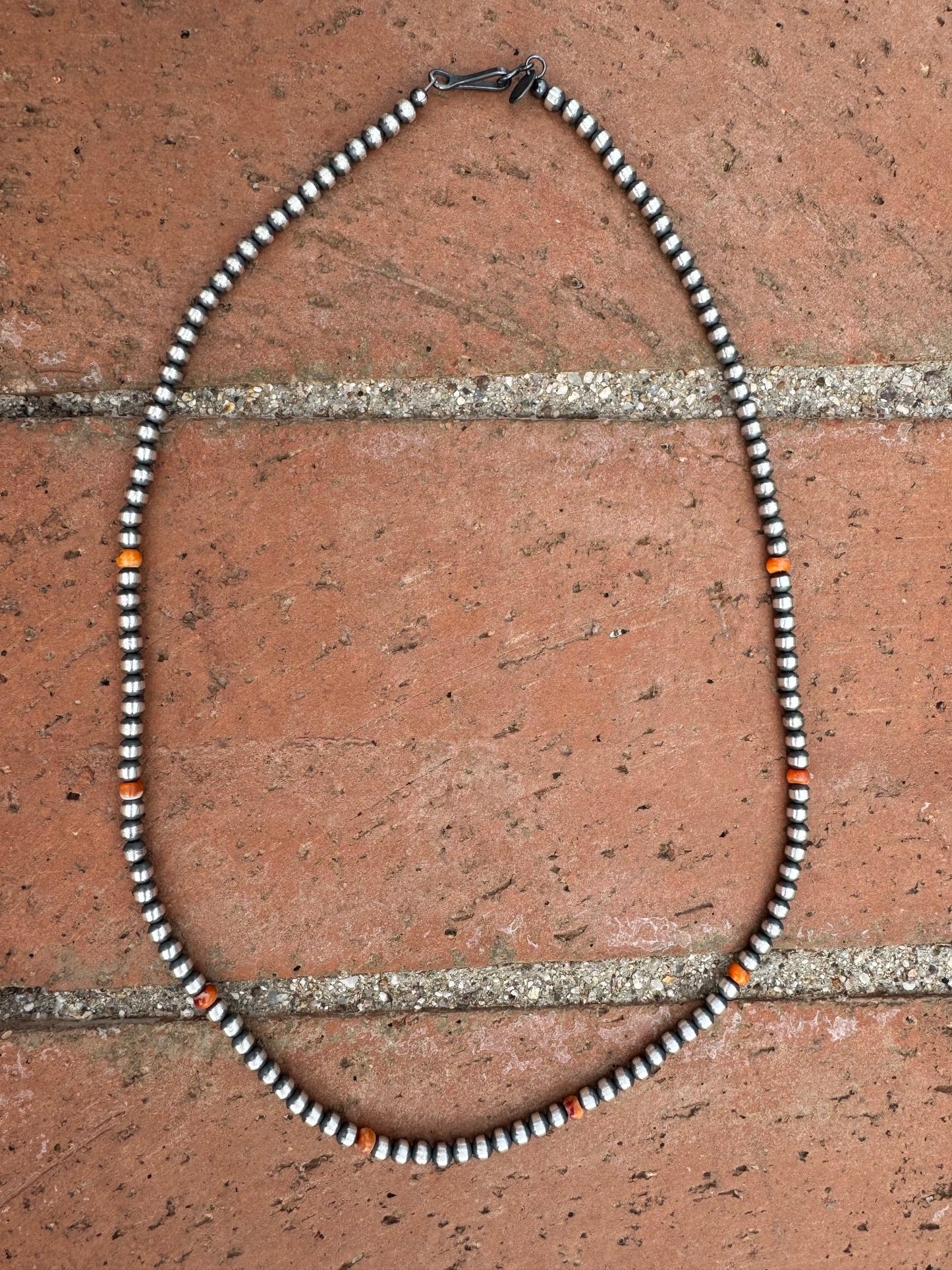Handcrafted Orange Spiny & Sterling Silver 4mm Beaded Necklace 20"
