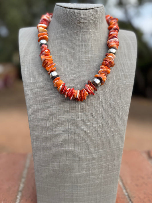 Handcrafted Orange Spiny & Sterling Silver 14mm Beaded Necklace 20"