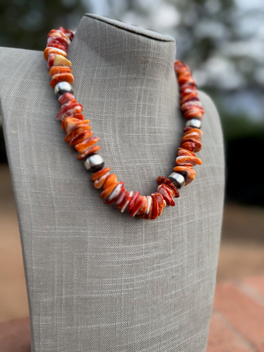 Handcrafted Orange Spiny & Sterling Silver 14mm Beaded Necklace 20"