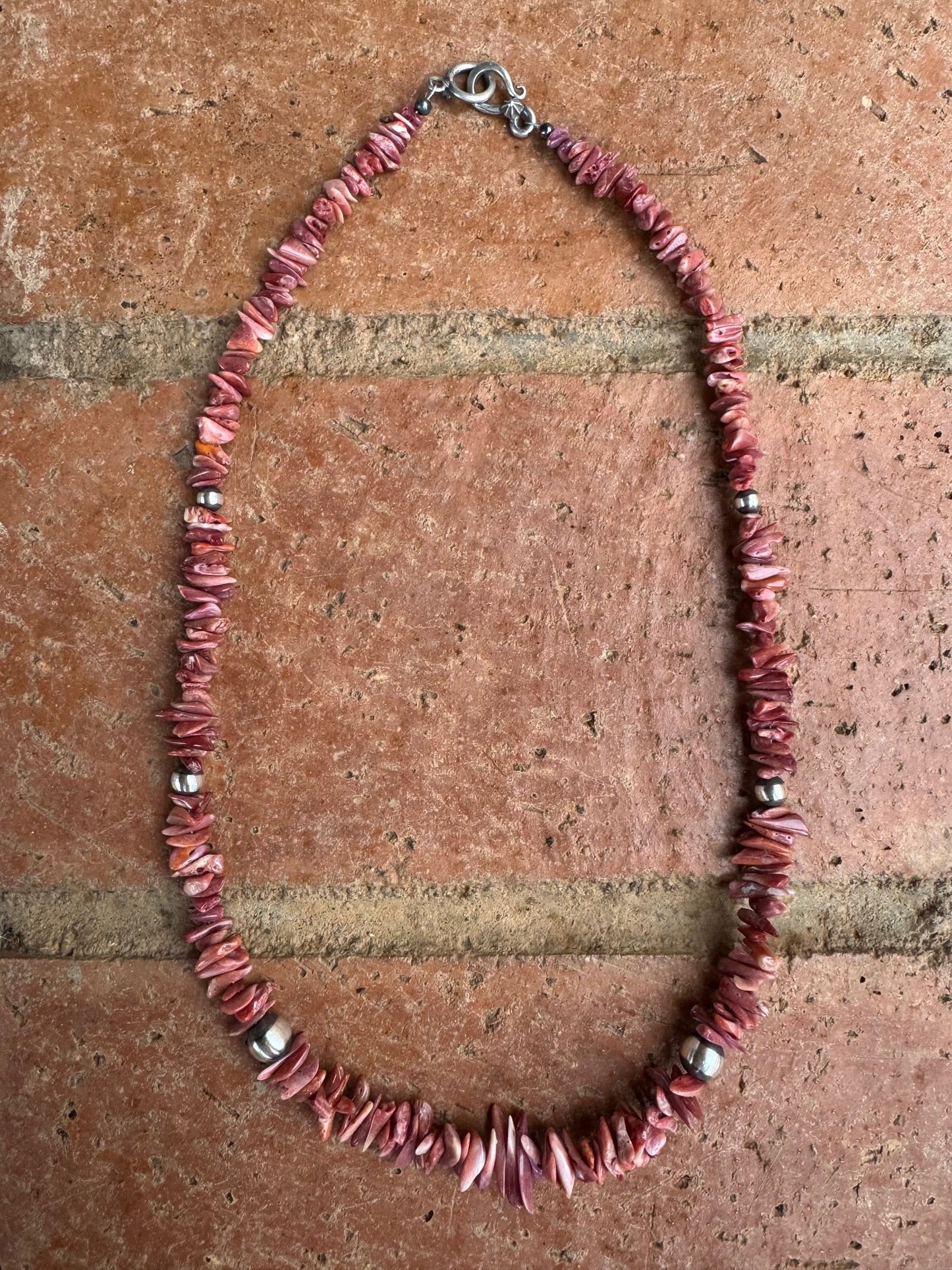 Handcrafted Purple Spiny Oyster and Sterling Silver Pearl 6-8mm Beaded Necklace 20"