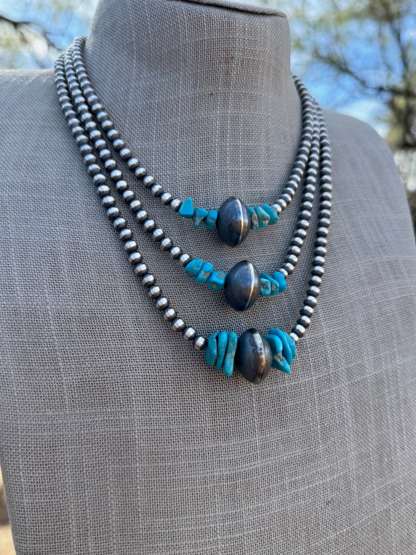Handcrafted Kingman Turquoise & Sterling Silver 5-14mm Beaded Necklace