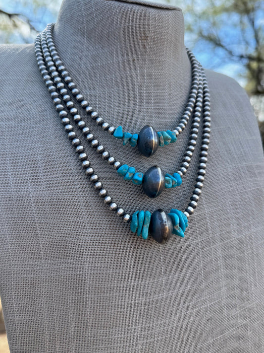 Handcrafted Kingman Turquoise & Sterling Silver 5-14mm Beaded Necklace