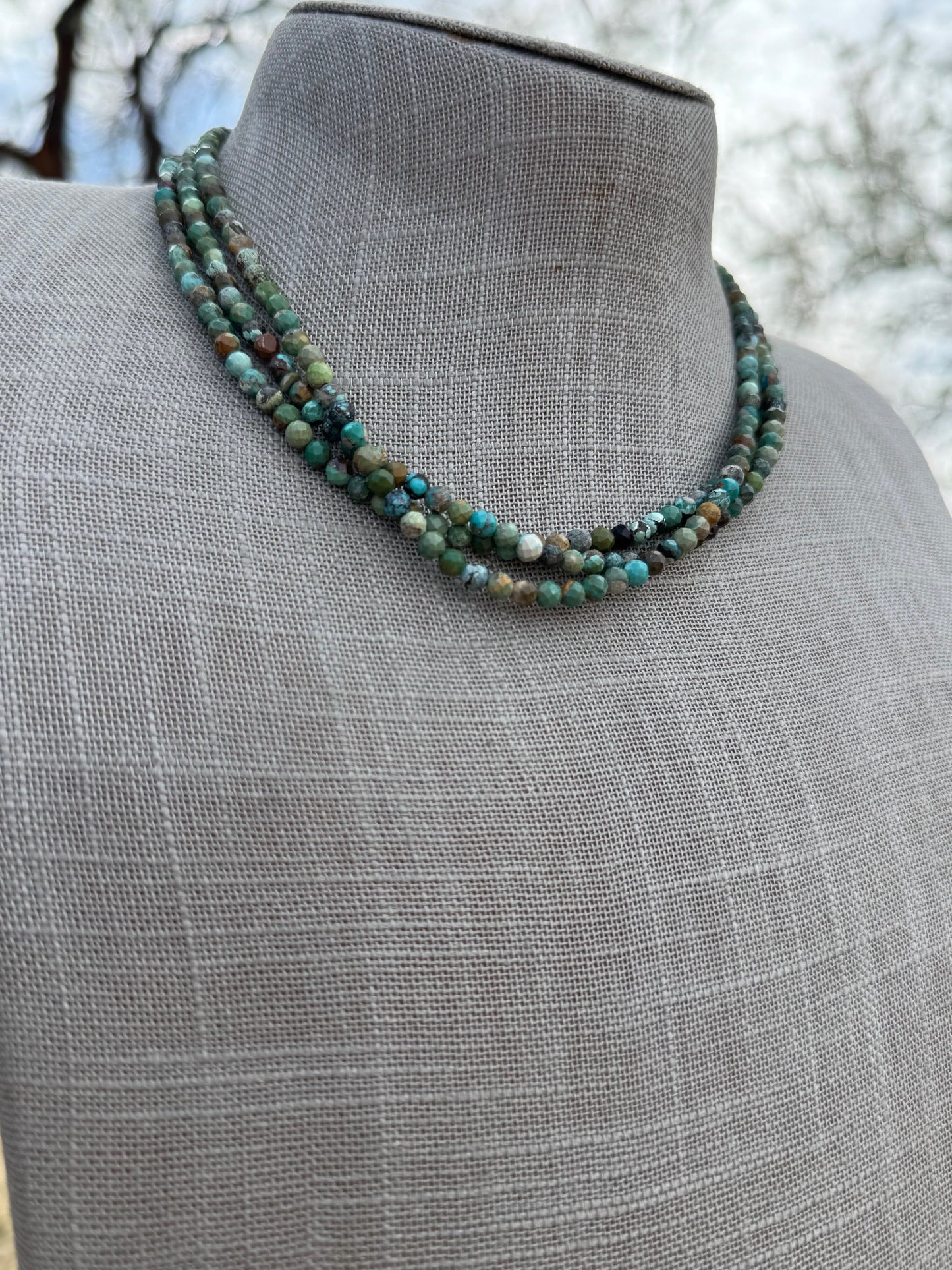 Handcrafted Diamond Cut Turquoise & Sterling Silver 4mm Beaded Necklace 16" with 2" extender