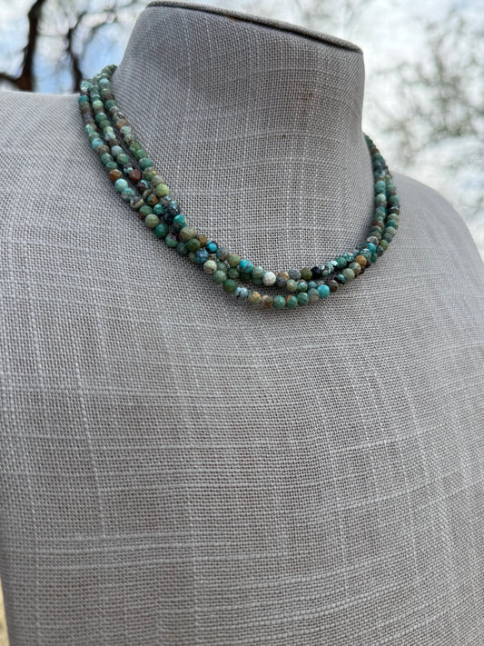Handcrafted Diamond Cut Turquoise & Sterling Silver 4mm Beaded Necklace 16" with 2" extender