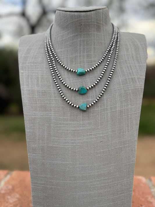 Handcrafted Kingman Turquoise & Sterling Silver 4mm Beaded Necklace